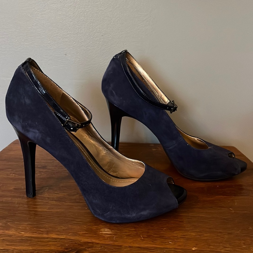 Blue suede BCBGeneration peep toe heels